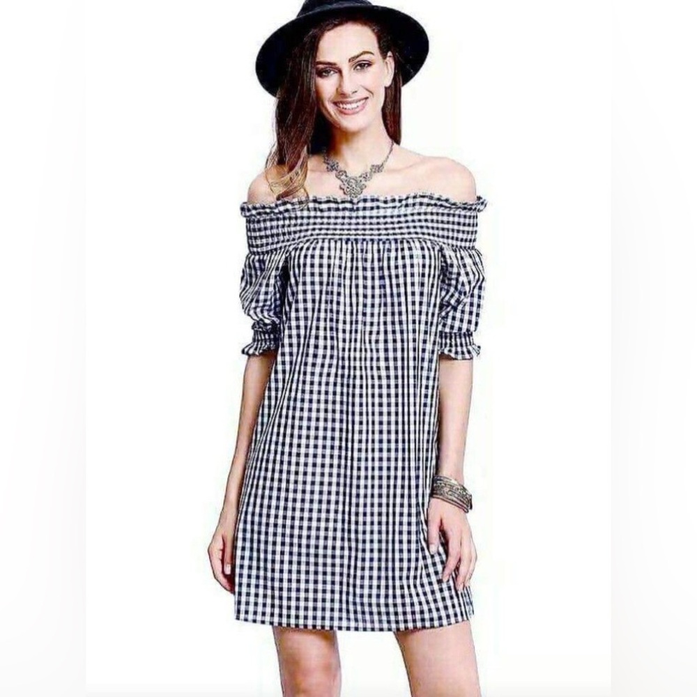 Style Envy Gingham Off-Shoulder Dress Blue & White Size S